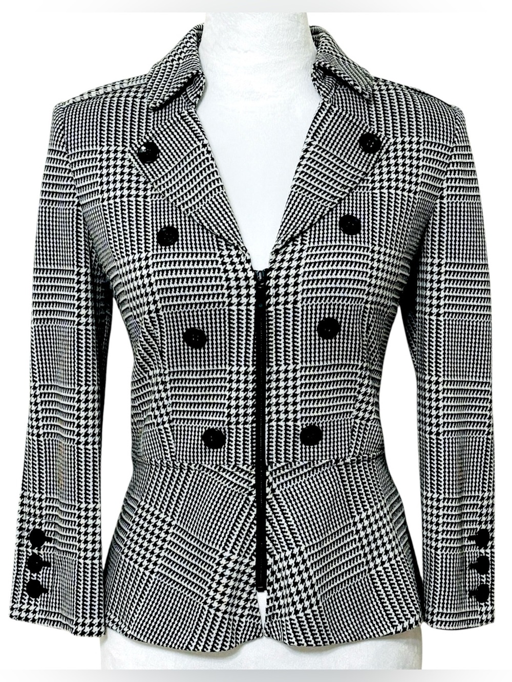 Tahari Arthur S Levine Plaid Houndstooth Military Blazer Jacket Size US 4